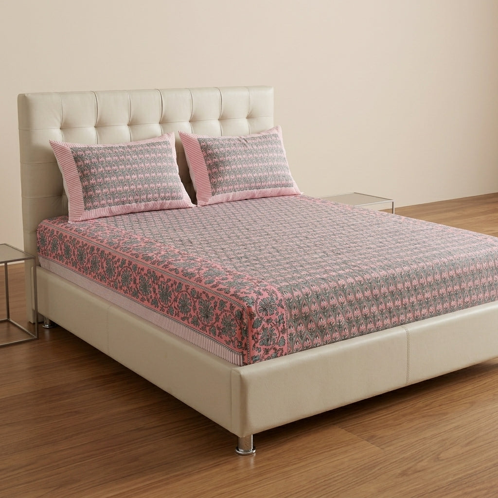Cream & Dusty Pink Grey Paisley Sanganeri hand block print cotton bedsheet set | Jaipur Indian hand block print bedsheet with pillow shams | House of Avana