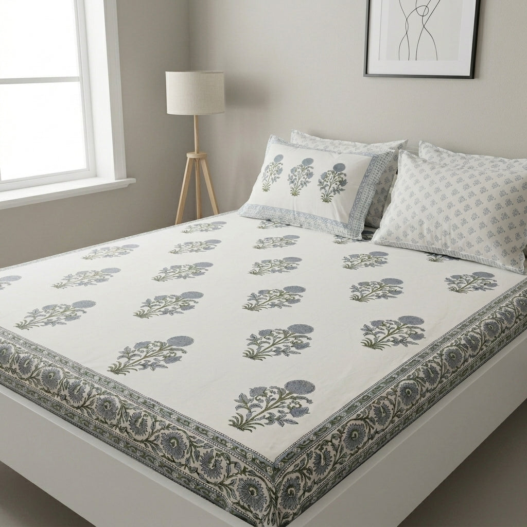 White & Grey Sage Green Buti Sanganeri hand block print cotton bedsheet set | Jaipur Indian hand block print bedsheet with pillow shams | House of Avana