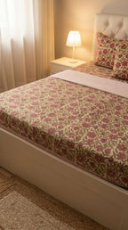 Cream & Magenta Pink Green Floral Sanganeri hand block print cotton bedsheet set | Jaipur Indian hand block print bedsheet with pillow shams | House of Avana [[SKU:HOA-IND-BS-MGGN-003]]