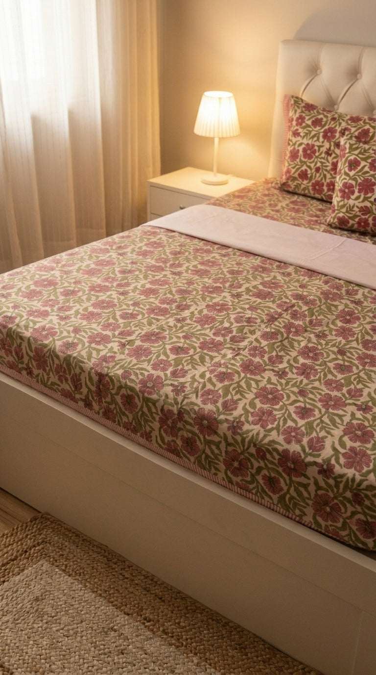 Cream & Magenta Pink Green Floral Sanganeri hand block print cotton bedsheet set | Jaipur Indian hand block print bedsheet with pillow shams | House of Avana [[SKU:HOA-IND-BS-MGGN-003]]