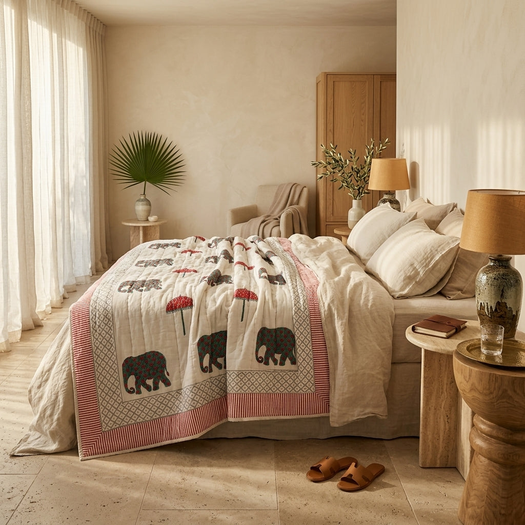 Cream & Grey Elephant Parasol Jaipur Indian hand block print elephant quilted comforter | Jaipur Indian hand block print cotton muslin quilted comforter | Sanganer elephant block print bedding | Queen King size quilt India | House of Avana