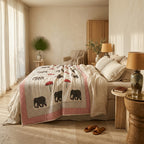 Cream & Grey Elephant Parasol Jaipur Indian hand block print elephant quilted comforter | Jaipur Indian hand block print cotton muslin quilted comforter | Sanganer elephant block print bedding | Queen King size quilt India | House of Avana