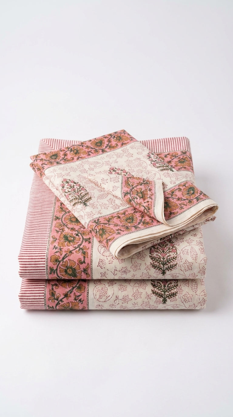 Cream & Rose Pink Floral Sanganeri hand block print cotton bedsheet set | Jaipur Indian hand block print bedsheet with pillow shams | House of Avana