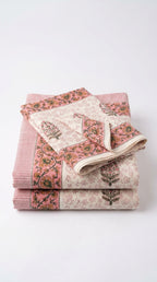 Cream & Rose Pink Floral Sanganeri hand block print cotton bedsheet set | Jaipur Indian hand block print bedsheet with pillow shams | House of Avana