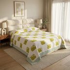 Cream & Olive Green & Mustard Floral Jaipur Indian hand block print botanical quilted comforter | Jaipur Indian hand block print cotton muslin quilted comforter | Sanganer botanical block print bedding | Queen King size quilt India | House of Avana