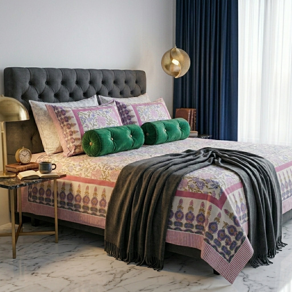 Cream & Pink Blue Floral Sanganeri hand block print cotton bedsheet set | Jaipur Indian hand block print bedsheet with pillow shams | House of Avana