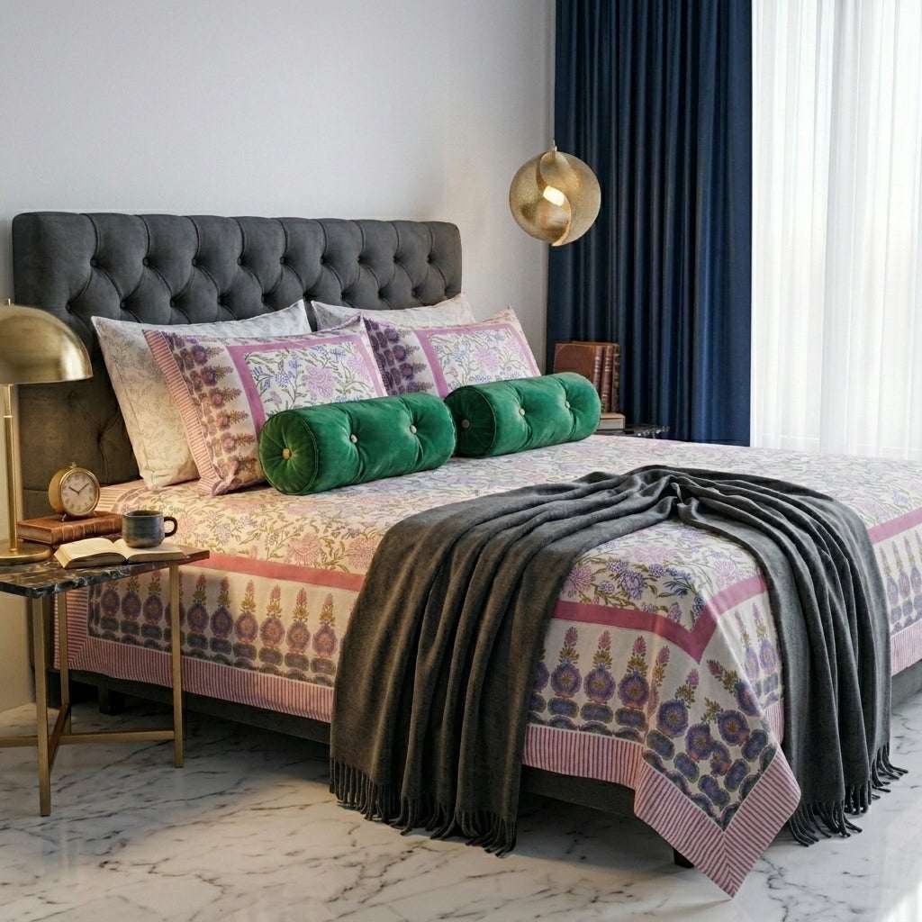 Cream & Pink Blue Floral Sanganeri hand block print cotton bedsheet set | Jaipur Indian hand block print bedsheet with pillow shams | House of Avana [[SKU:HOA-IND-BS-PKBL-006]]
