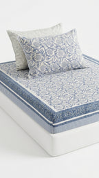 Cream & Indigo Blue Floral Sanganeri hand block print cotton bedsheet set | Jaipur Indian hand block print bedsheet with pillow shams | House of Avana