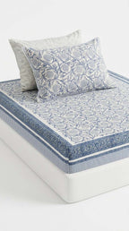 Cream & Indigo Blue Floral Sanganeri hand block print cotton bedsheet set | Jaipur Indian hand block print bedsheet with pillow shams | House of Avana [[SKU:HOA-IND-BS-IBCR-004]]