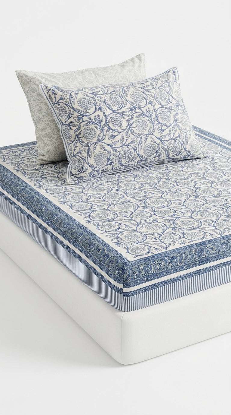 Cream & Indigo Blue Floral Sanganeri hand block print cotton bedsheet set | Jaipur Indian hand block print bedsheet with pillow shams | House of Avana [[SKU:HOA-IND-BS-IBCR-004]]