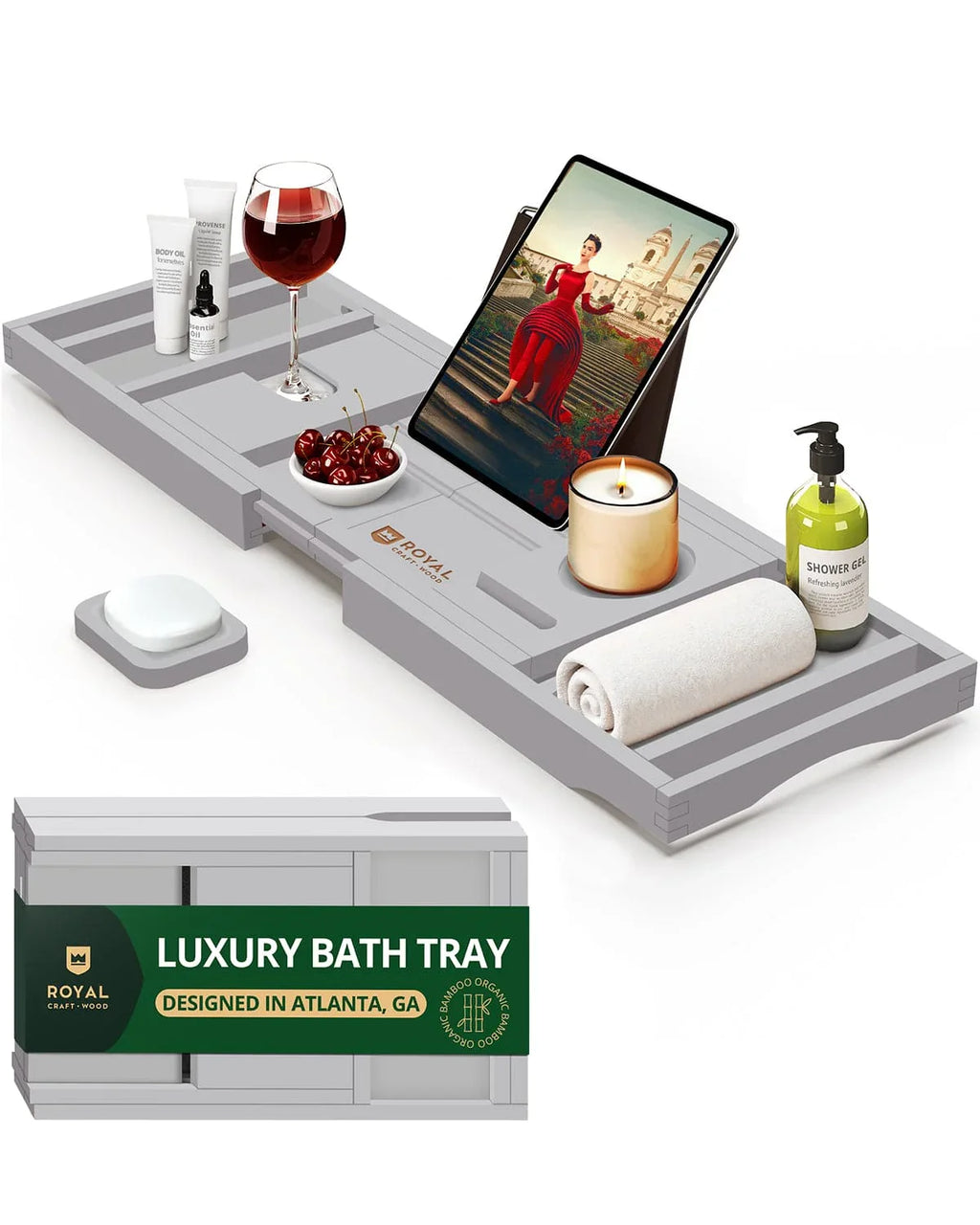 Bathtub Caddy Tray, Gray Royal Craft Wood