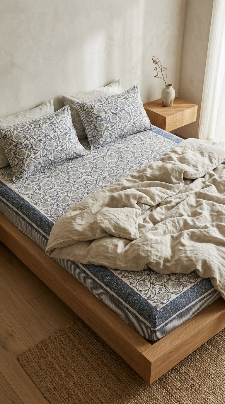 Cream & Indigo Blue Floral Sanganeri hand block print cotton bedsheet set | Jaipur Indian hand block print bedsheet with pillow shams | House of Avana