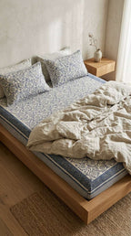 Cream & Indigo Blue Floral Sanganeri hand block print cotton bedsheet set | Jaipur Indian hand block print bedsheet with pillow shams | House of Avana [[SKU:HOA-IND-BS-IBCR-004]]