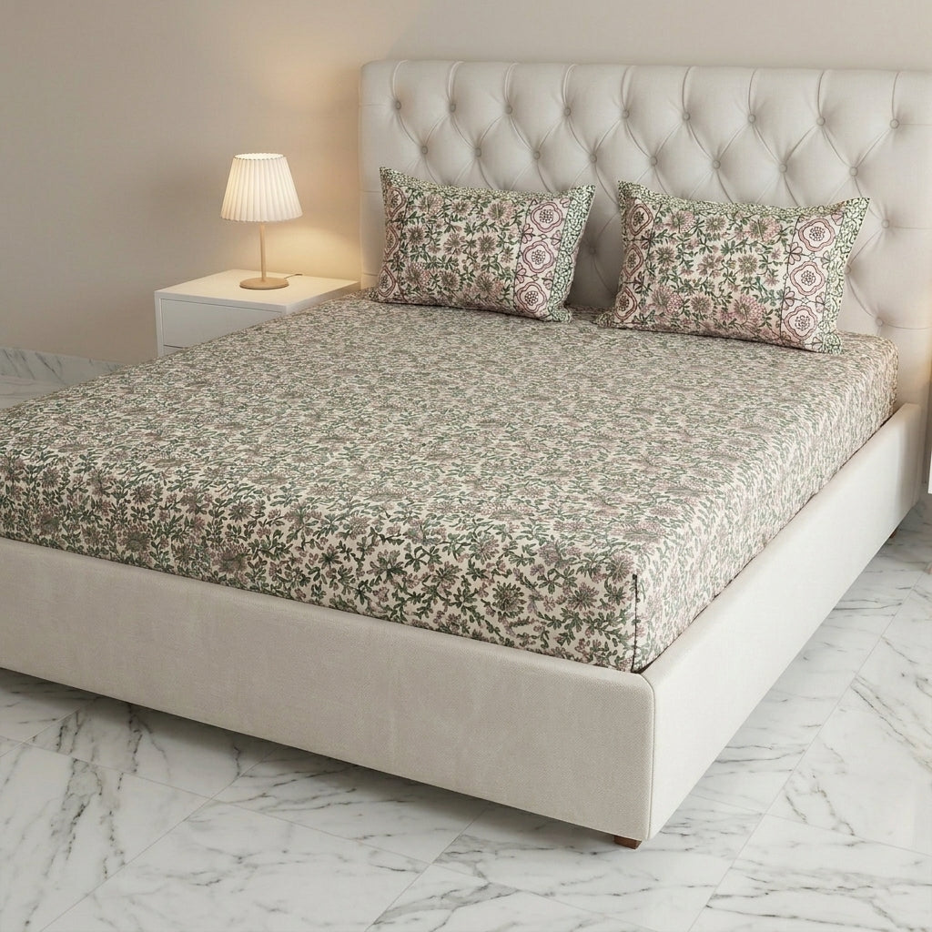 Cream & Sage Green Pink Trellis Floral Sanganeri hand block print cotton bedsheet set | Jaipur Indian hand block print bedsheet with pillow shams | House of Avana