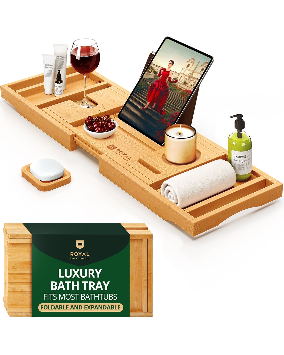 Bathtub Caddy Tray, Natural Royal Craft Wood