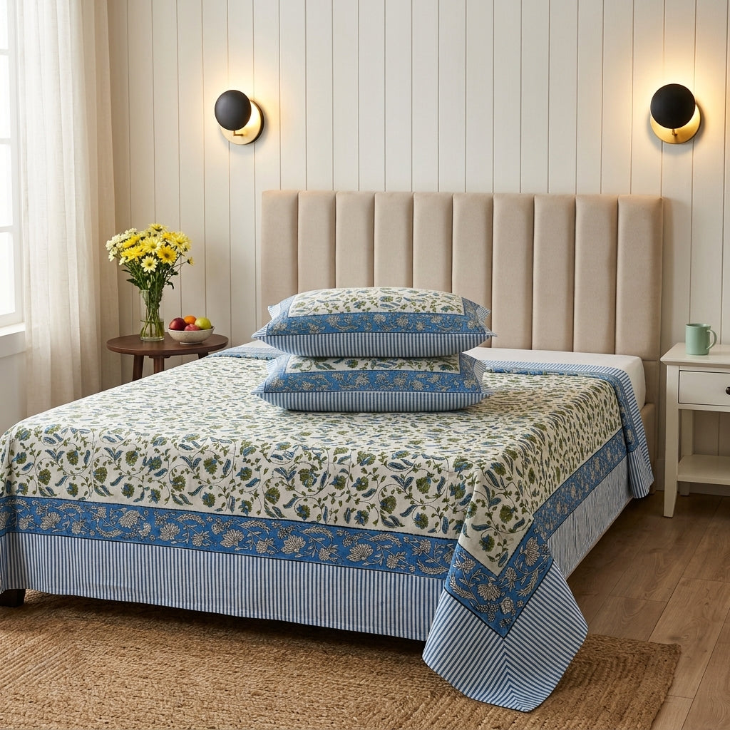 Cream & Blue Green Botanical Floral Sanganeri hand block print cotton bedsheet set | Jaipur Indian hand block print bedsheet with pillow shams | House of Avana