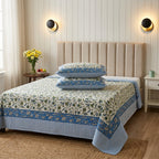 Cream & Blue Green Botanical Floral Sanganeri hand block print cotton bedsheet set | Jaipur Indian hand block print bedsheet with pillow shams | House of Avana
