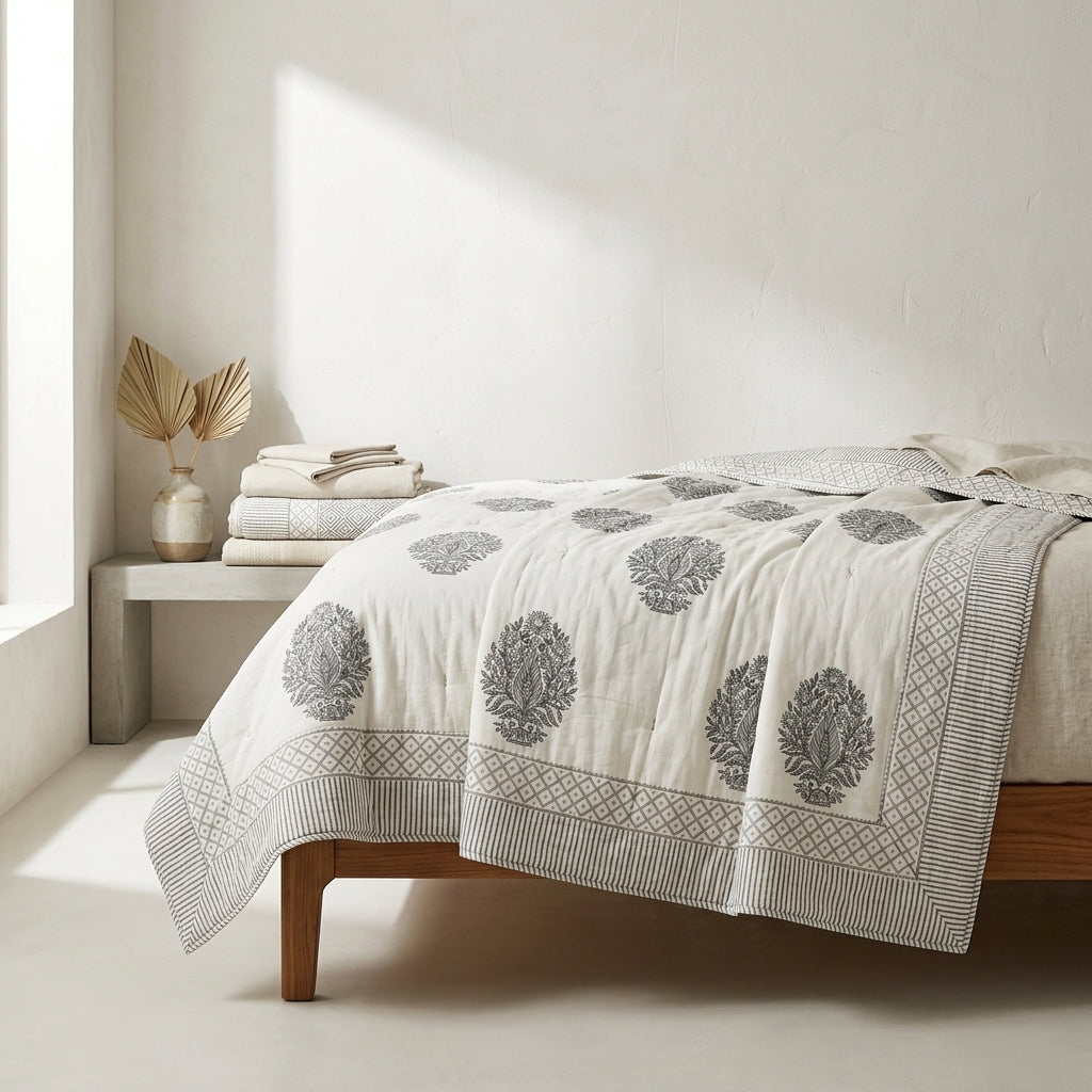 Cream & Charcoal Grey Floral Jaipur Indian hand block print medallion quilted comforter | Jaipur Indian hand block print cotton muslin quilted comforter | Sanganer medallion block print bedding | Queen King size quilt India | House of Avana