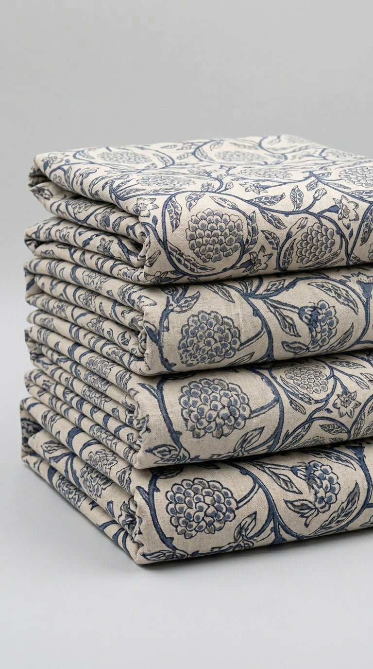 Cream & Indigo Blue Floral Sanganeri hand block print cotton bedsheet set | Jaipur Indian hand block print bedsheet with pillow shams | House of Avana