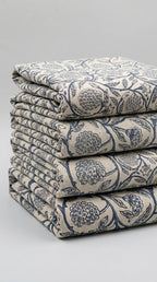 Cream & Indigo Blue Floral Sanganeri hand block print cotton bedsheet set | Jaipur Indian hand block print bedsheet with pillow shams | House of Avana