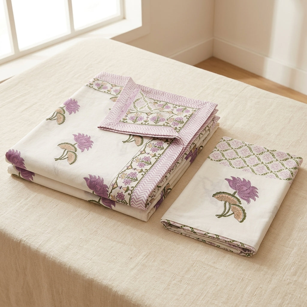 White & Purple Mauve Lotus Buti Sanganeri hand block print cotton bedsheet set | Jaipur Indian hand block print bedsheet with pillow shams | House of Avana