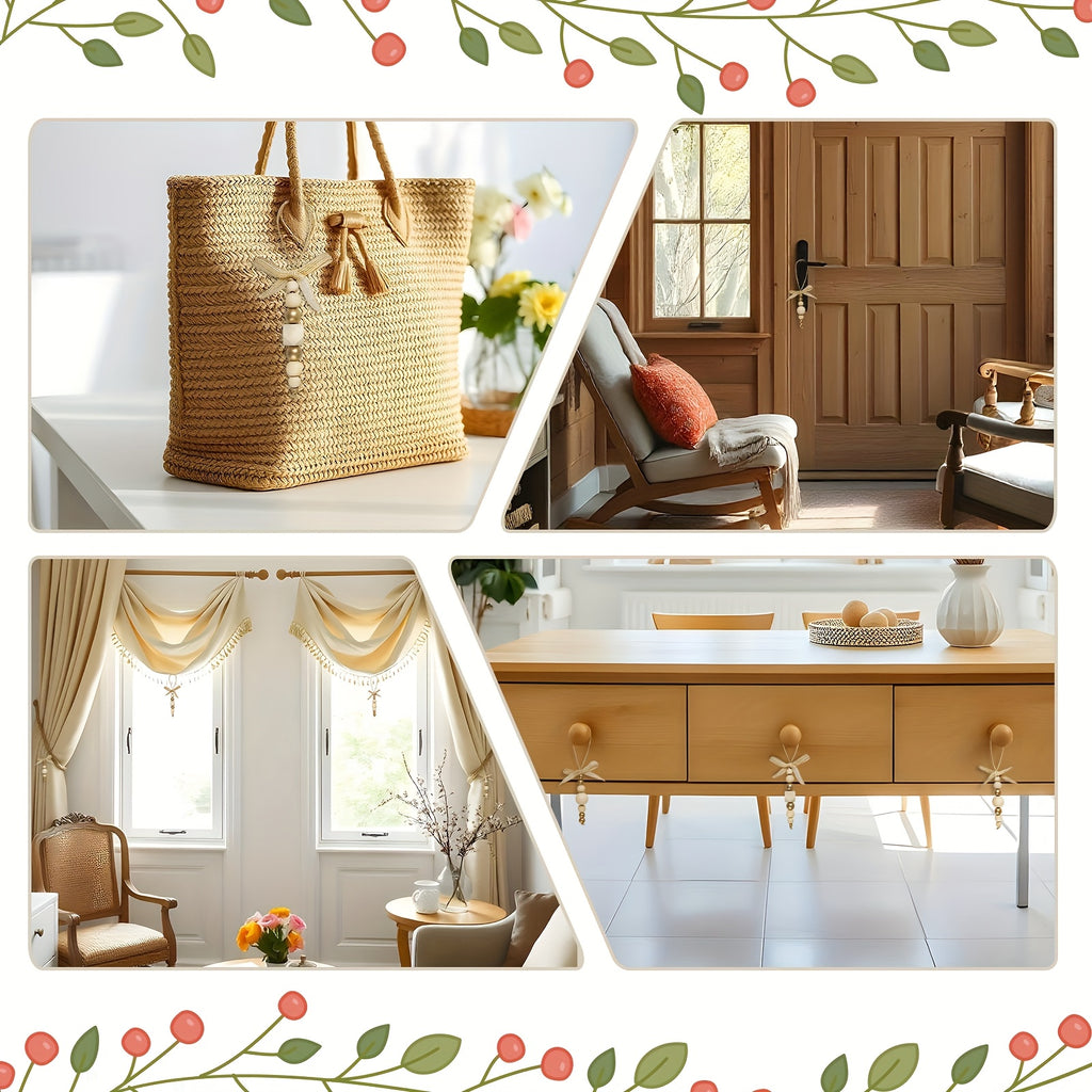 24pcs Bohemian Style Wooden Bead Christmas Tree Ornaments, Natural Wood Beads with Golden Beads and Bows - Farmhouse Style Hanging Decor for Wreaths, Holiday Trees, Floral Arrangements, Wedding Decor Accessories, Vintage Char House Of Avana