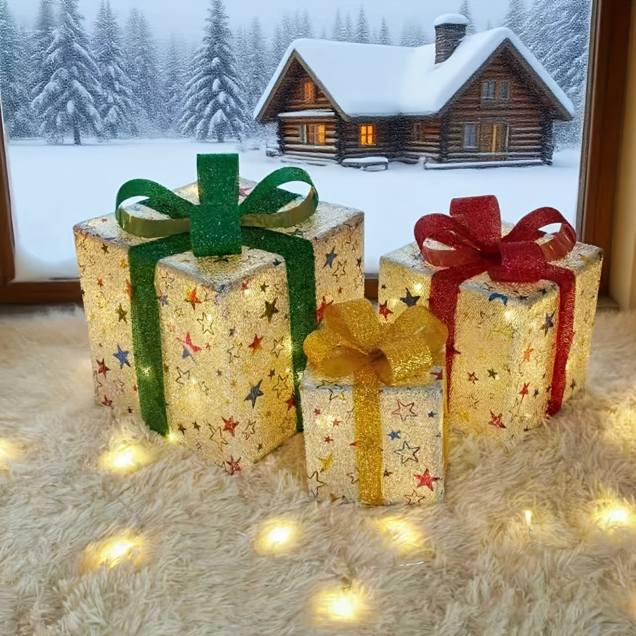 3pcs Set of Lighted Christmas Gift Boxes in Various Sizes - Festive Decor with Ribbon, Battery-Powered, Warm Glow, Suitable for Indoor/Outdoor Use, Perfect for Christmas Trees, Yards, and Home Decor House Of Avana