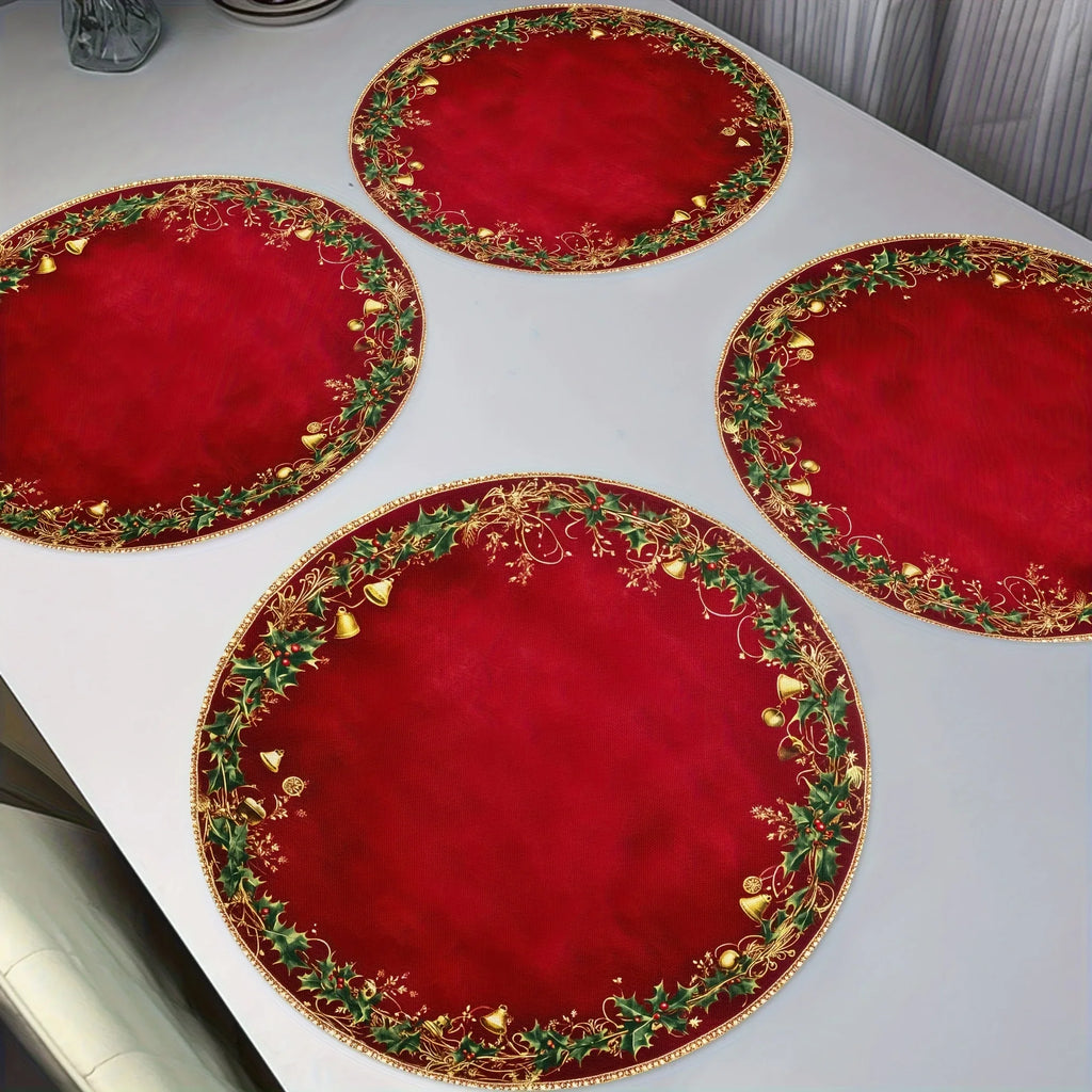 4pcs Red & Golden Round Placemats - Elegant Burgundy Golden Green Leaf Pattern Table Mats, Non-Toxic Durable Polyester 38.1 cm for Christmas Dinner Party, Wedding, Banquet, Holiday Table Decorations (Hand Wash Only), Christma House Of Avana