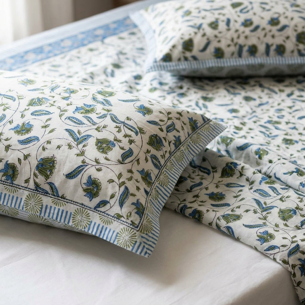 Cream & Blue Green Botanical Floral Sanganeri hand block print cotton bedsheet set | Jaipur Indian hand block print bedsheet with pillow shams | House of Avana