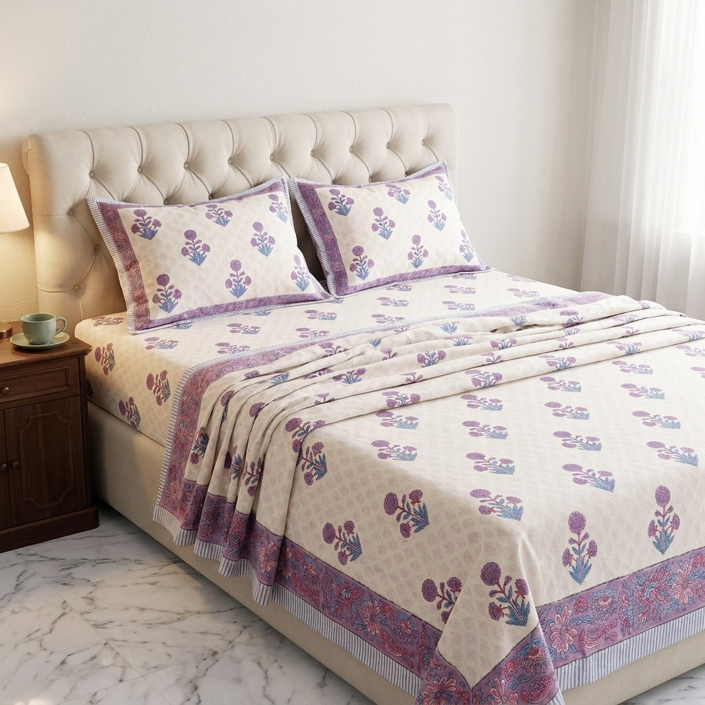 Cream & Purple Blue Mughal Floral Sanganeri hand block print cotton bedsheet set | Jaipur Indian hand block print bedsheet with pillow shams | House of Avana