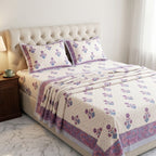 Cream & Purple Blue Mughal Floral Sanganeri hand block print cotton bedsheet set | Jaipur Indian hand block print bedsheet with pillow shams | House of Avana