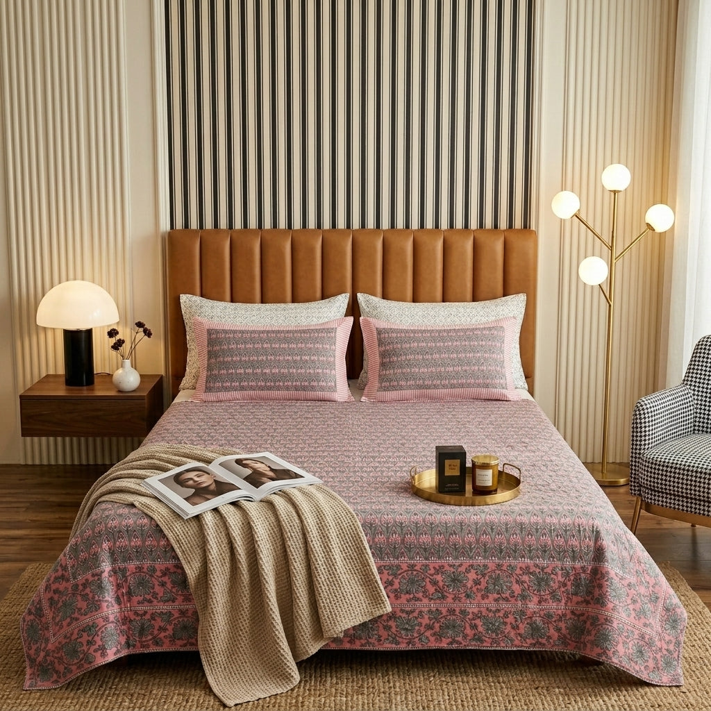 Cream & Dusty Pink Grey Paisley Sanganeri hand block print cotton bedsheet set | Jaipur Indian hand block print bedsheet with pillow shams | House of Avana