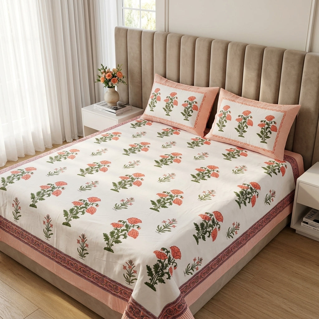 White & Coral Green Floral Sanganeri hand block print cotton bedsheet set | Jaipur Indian hand block print bedsheet with pillow shams | House of Avana