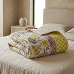 Cream & Mustard Yellow & Pink Floral Jaipur Indian hand block print floral quilted comforter | Jaipur Indian hand block print cotton muslin quilted comforter | Sanganer floral block print bedding | Queen King size quilt India | House of Avana
