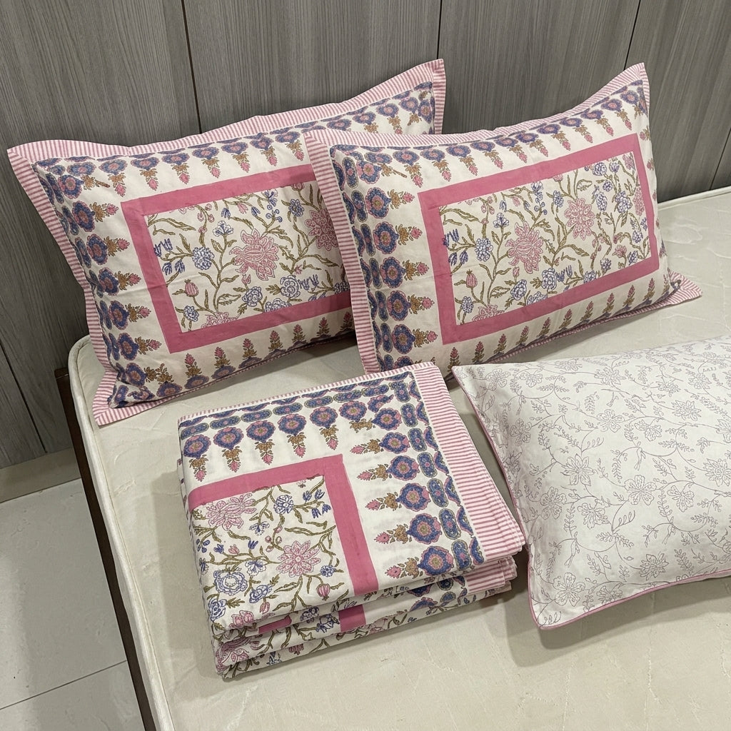 Cream & Pink Blue Floral Sanganeri hand block print cotton bedsheet set | Jaipur Indian hand block print bedsheet with pillow shams | House of Avana