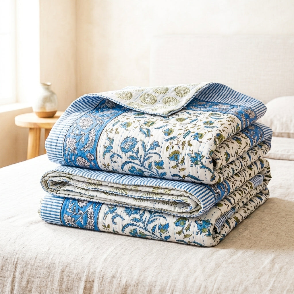 Cream & Blue & Green Floral Jaipur Indian hand block print floral quilted comforter | Jaipur Indian hand block print cotton muslin quilted comforter | Sanganer floral block print bedding | Queen King size quilt India | House of Avana
