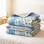 Cream & Blue & Green Floral Jaipur Indian hand block print floral quilted comforter | Jaipur Indian hand block print cotton muslin quilted comforter | Sanganer floral block print bedding | Queen King size quilt India | House of Avana [[SKU:HOA-COM-BLGN-037]]
