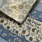Cream & Blue Green Botanical Floral Sanganeri hand block print cotton bedsheet set | Jaipur Indian hand block print bedsheet with pillow shams | House of Avana