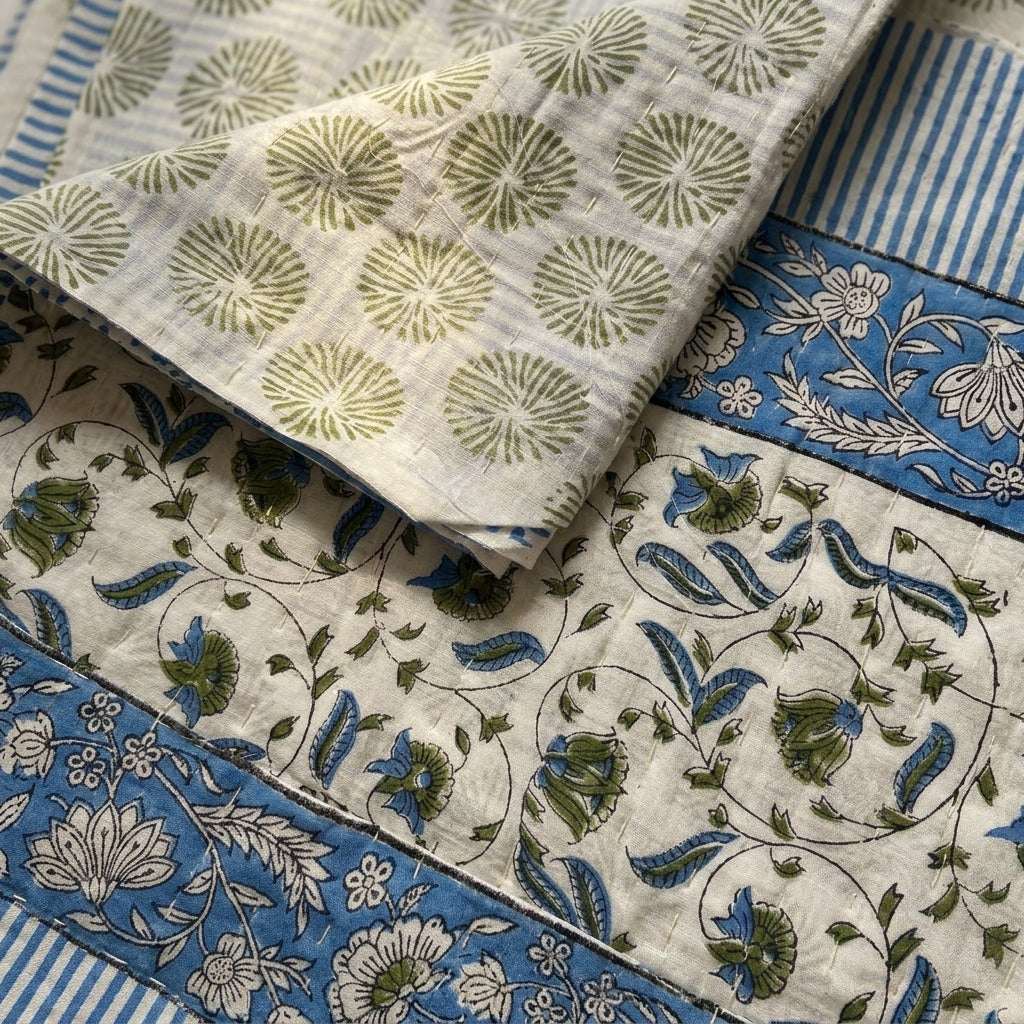 Cream & Blue Green Botanical Floral Sanganeri hand block print cotton bedsheet set | Jaipur Indian hand block print bedsheet with pillow shams | House of Avana [[SKU:HOA-IND-BS-BLGN-009]]