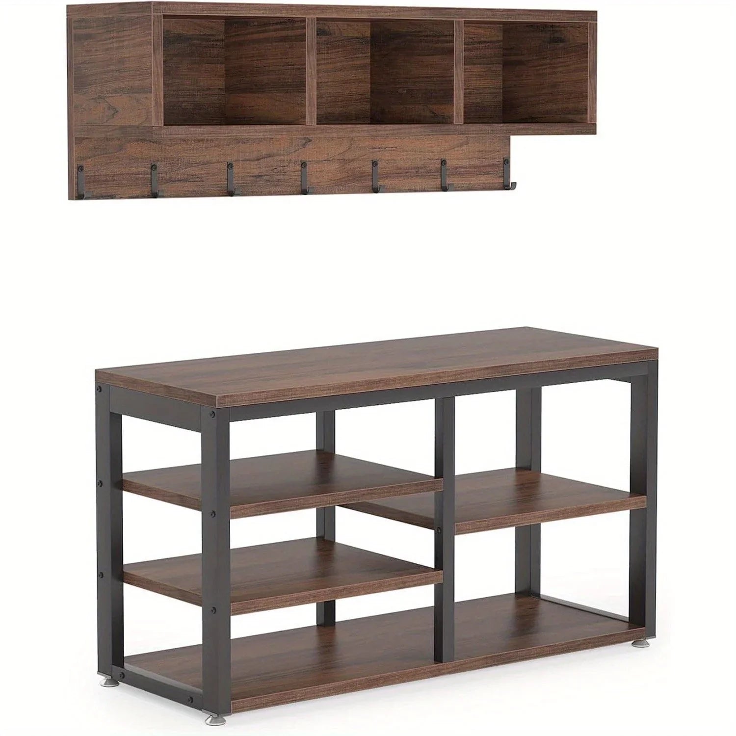 5-in-1 Entryway Organizer with Bench & Shoe Storage - Rustic Industrial Coat Rack with 7 Hooks, 3 Cubbies, 3-Tier Shelves & Seat - Hardwood & Metal Construction, Easy Assembly for Hallway, Foyer, Living Room House Of Avana
