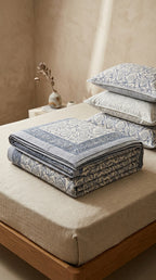 Cream & Indigo Blue Floral Sanganeri hand block print cotton bedsheet set | Jaipur Indian hand block print bedsheet with pillow shams | House of Avana
