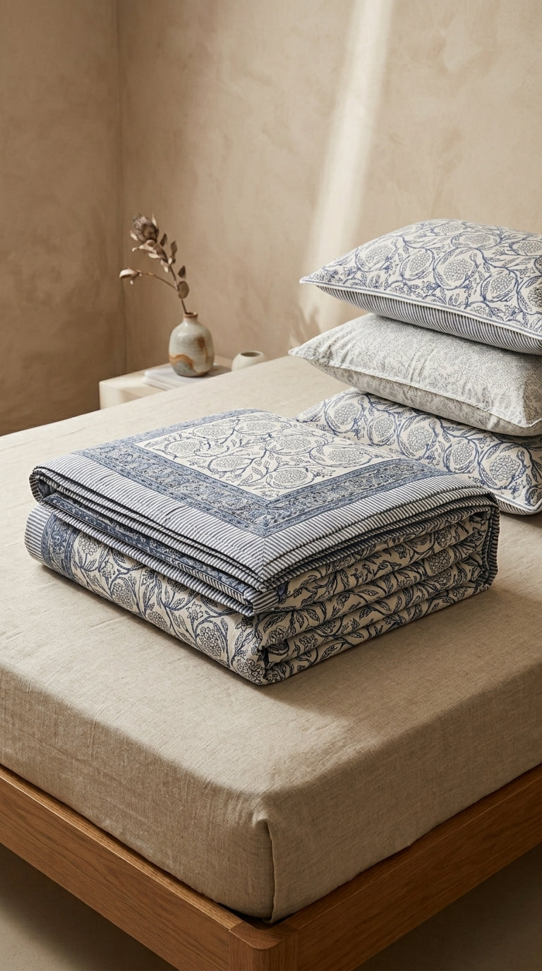 Cream & Indigo Blue Floral Sanganeri hand block print cotton bedsheet set | Jaipur Indian hand block print bedsheet with pillow shams | House of Avana