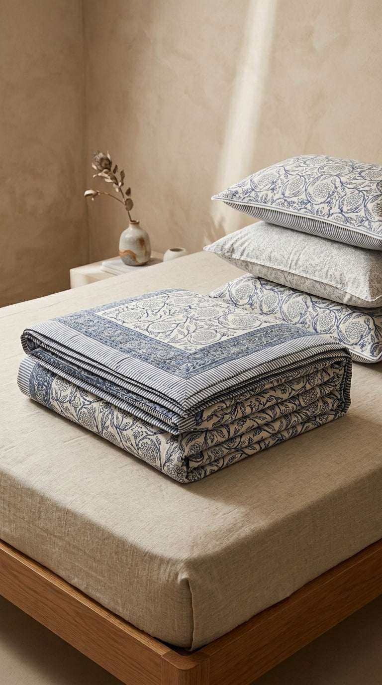 Cream & Indigo Blue Floral Sanganeri hand block print cotton bedsheet set | Jaipur Indian hand block print bedsheet with pillow shams | House of Avana [[SKU:HOA-IND-BS-IBCR-004]]