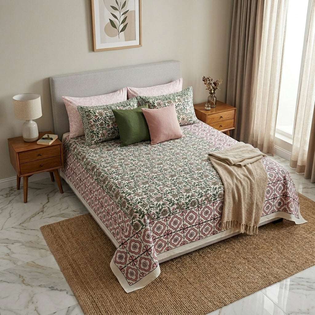 Cream & Sage Green Pink Trellis Floral Sanganeri hand block print cotton bedsheet set | Jaipur Indian hand block print bedsheet with pillow shams | House of Avana [[SKU:HOA-IND-BS-GNPK-007]]