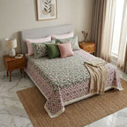 Cream & Sage Green Pink Trellis Floral Sanganeri hand block print cotton bedsheet set | Jaipur Indian hand block print bedsheet with pillow shams | House of Avana [[SKU:HOA-IND-BS-GNPK-007]]