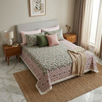 Cream & Sage Green Pink Trellis Floral Sanganeri hand block print cotton bedsheet set | Jaipur Indian hand block print bedsheet with pillow shams | House of Avana