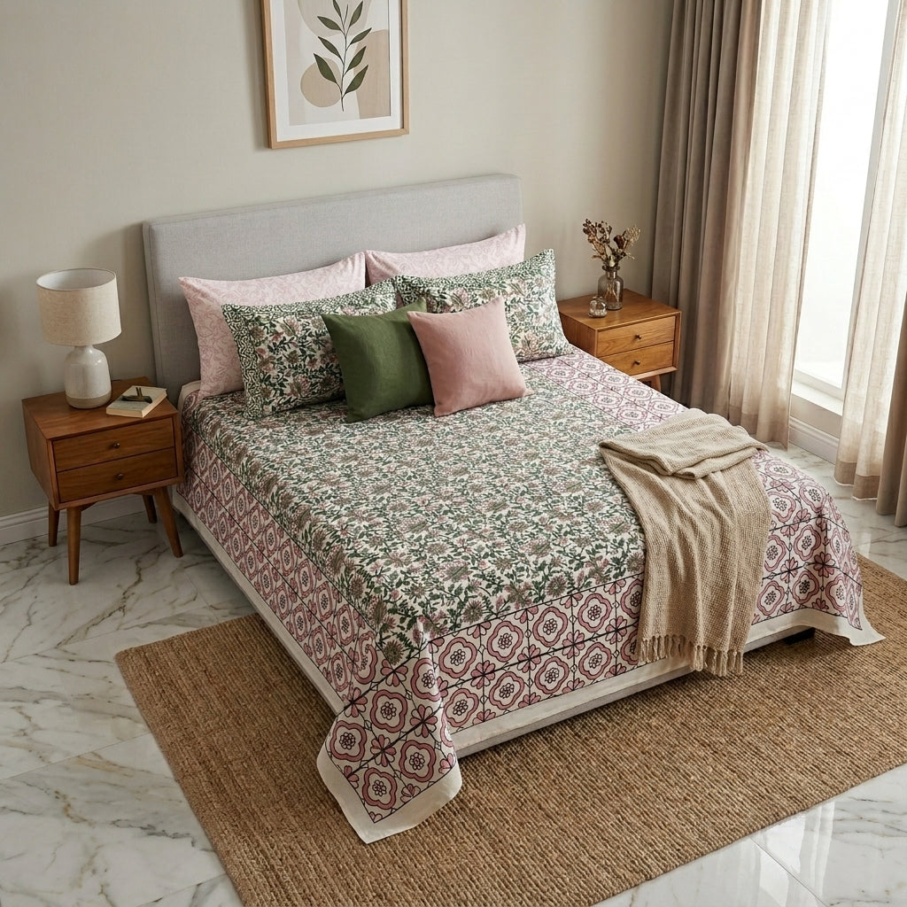 Cream & Sage Green Pink Trellis Floral Sanganeri hand block print cotton bedsheet set | Jaipur Indian hand block print bedsheet with pillow shams | House of Avana