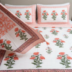 White & Coral Green Floral Sanganeri hand block print cotton bedsheet set | Jaipur Indian hand block print bedsheet with pillow shams | House of Avana