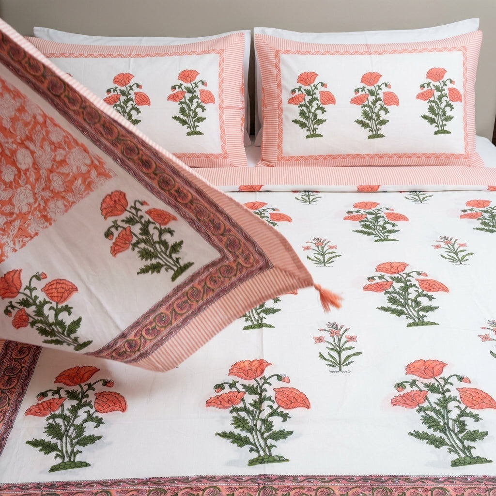 White & Coral Green Floral Sanganeri hand block print cotton bedsheet set | Jaipur Indian hand block print bedsheet with pillow shams | House of Avana