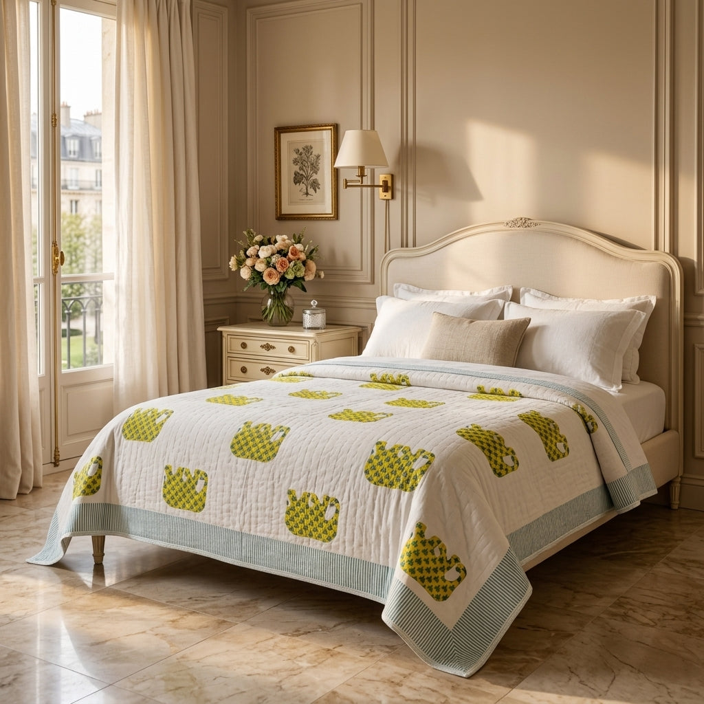 Cream & Olive Green & Mustard Floral Jaipur Indian hand block print botanical quilted comforter | Jaipur Indian hand block print cotton muslin quilted comforter | Sanganer botanical block print bedding | Queen King size quilt India | House of Avana